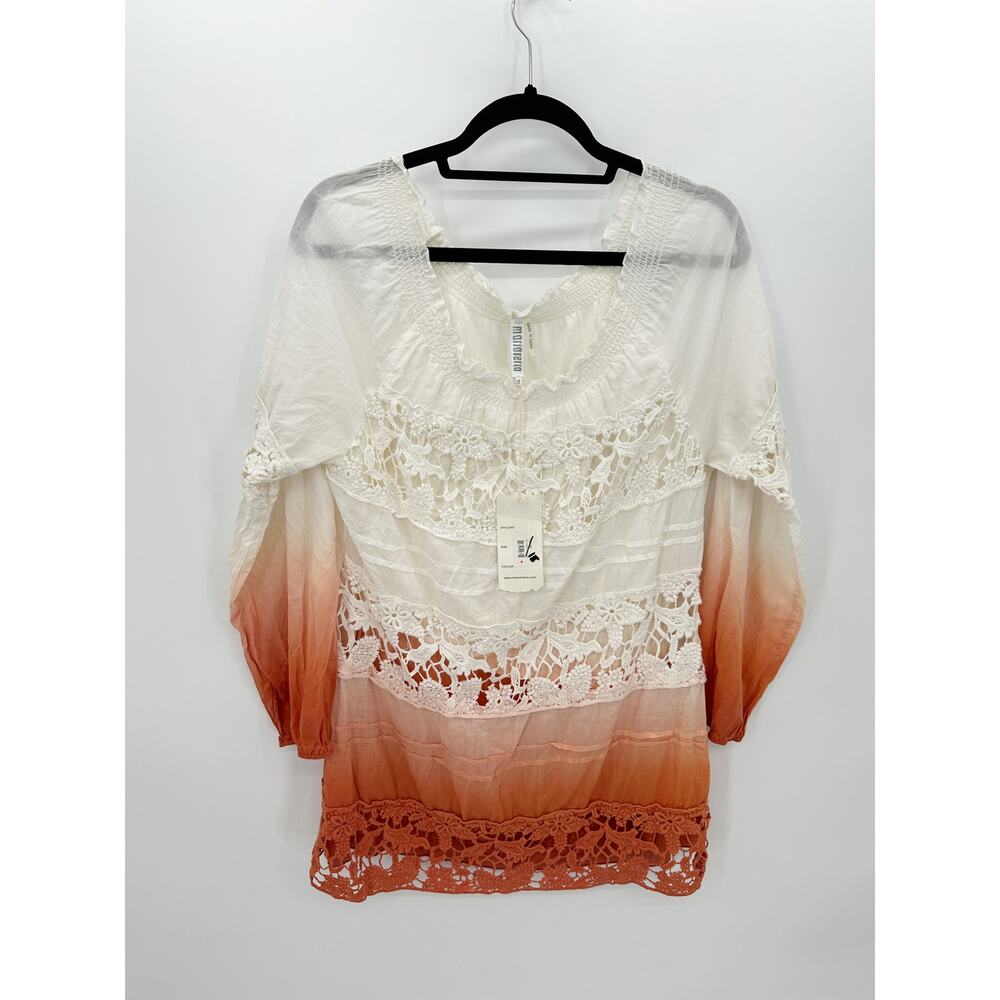 Monoreno Blouse Women Size M Boho Crochet‎ Lace Ombre Peasant Top 3/4 Sleeve NWT